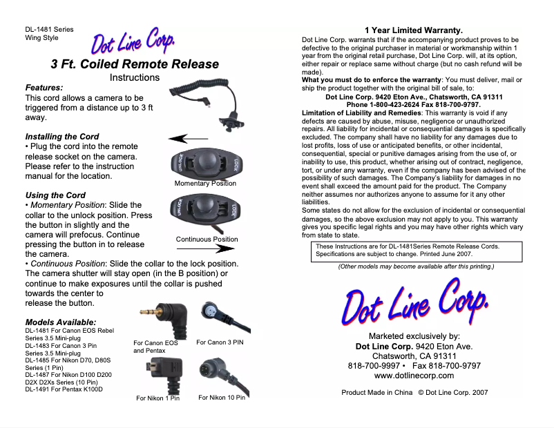 Page n°1 - Manuel utilisateur Dot Line DL-1485