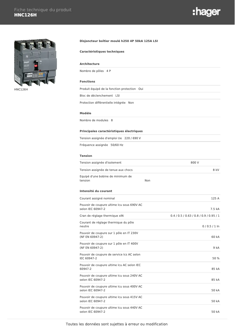Page n°1 - Fiche technique Hager HNC126H