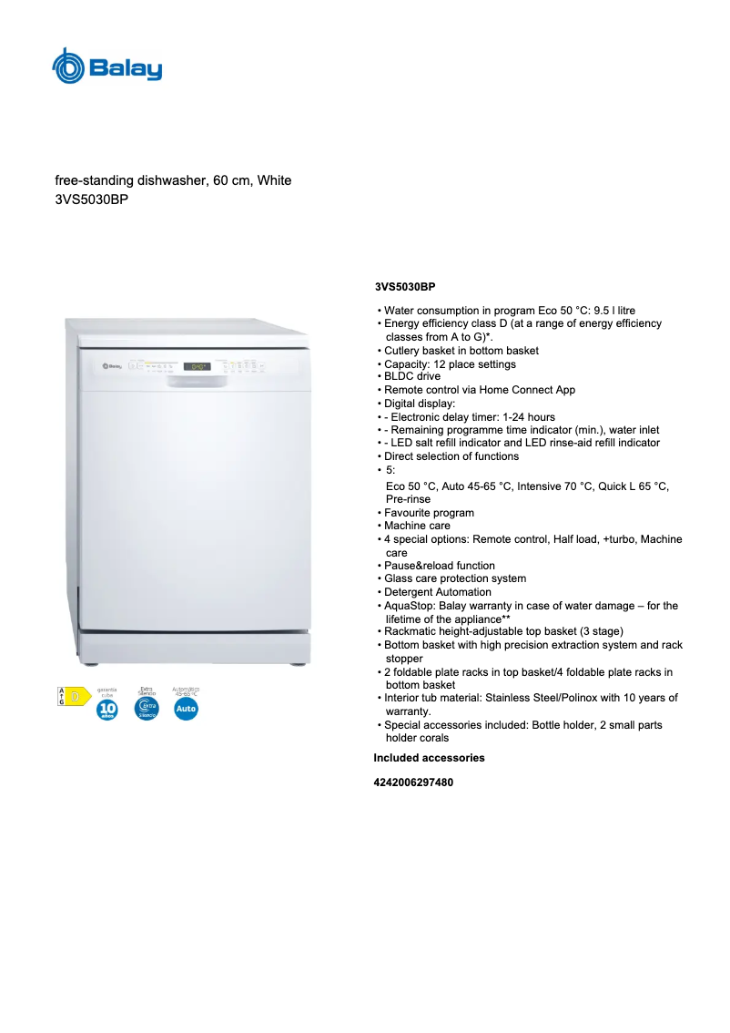 Page 1 de la notice Fiche technique Balay 3VS5030BP