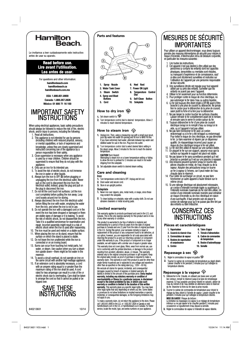 Page 1 de la notice Manuel utilisateur Hamilton Beach QuickGlide 14353