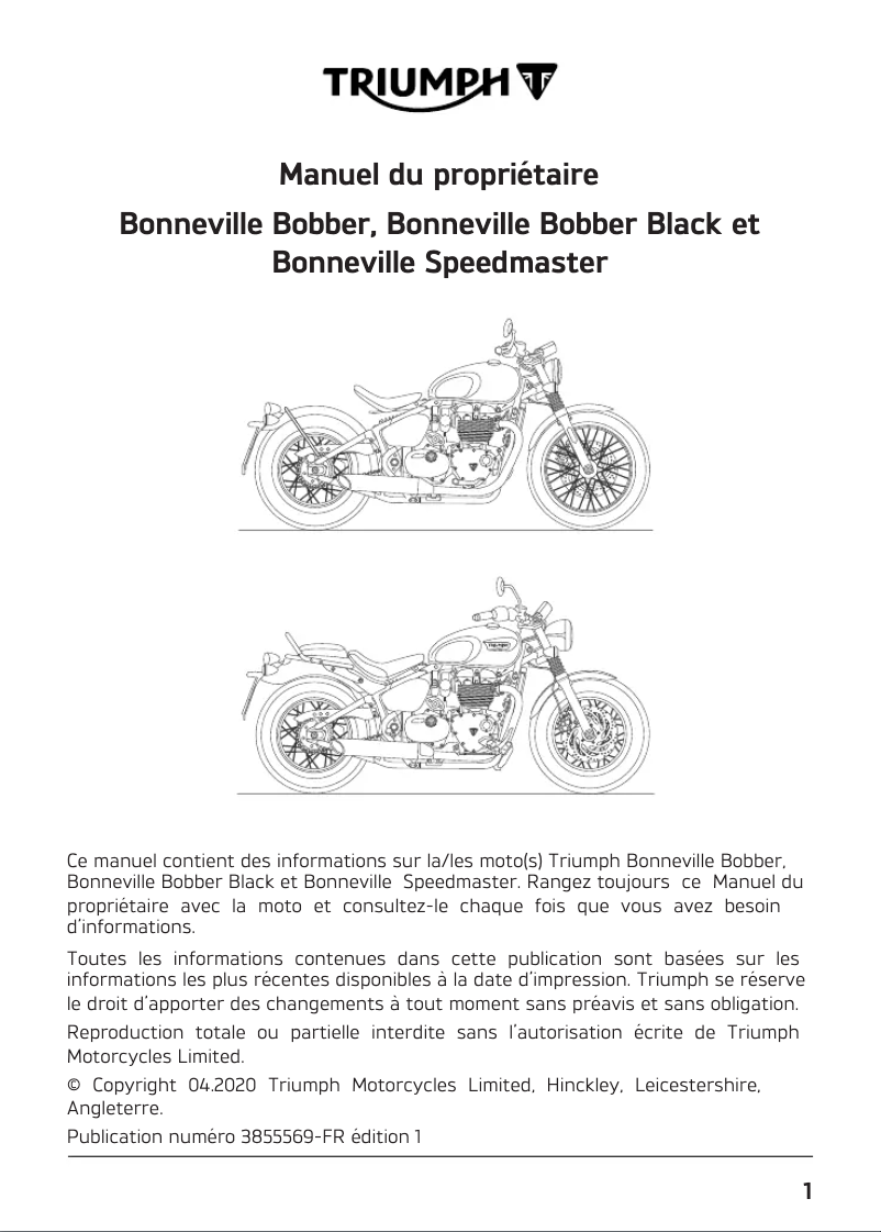 Page 1 de la notice Manuel utilisateur Triumph Bonneville Bobber (2020)