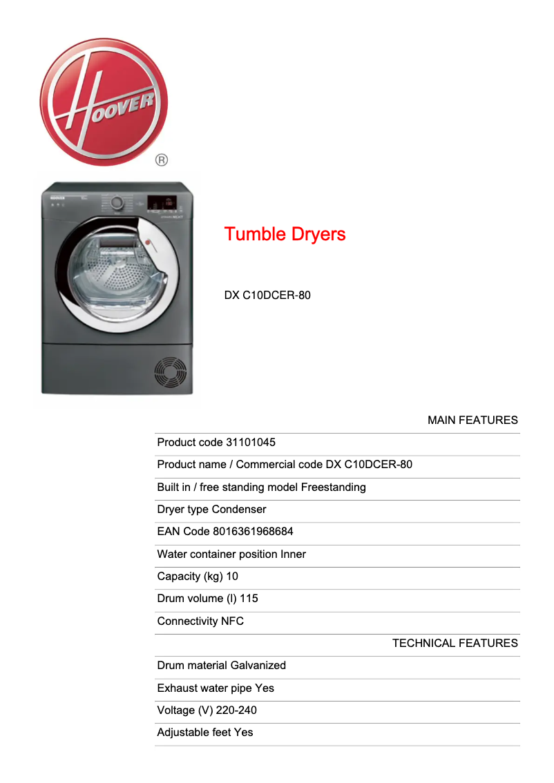 Page n°1 - Fiche technique Hoover DX C10DCER-80