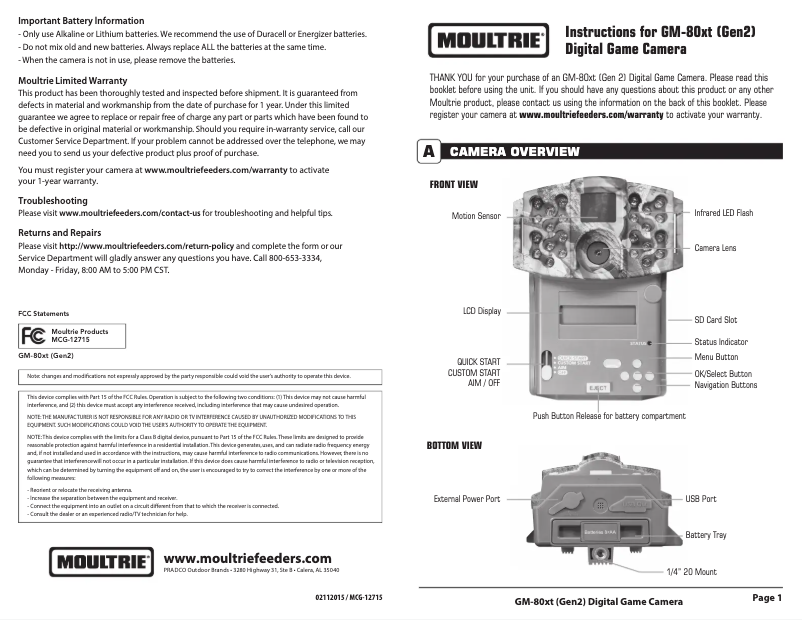 Page n°1 - Manuel utilisateur Moultrie GM-80xt2