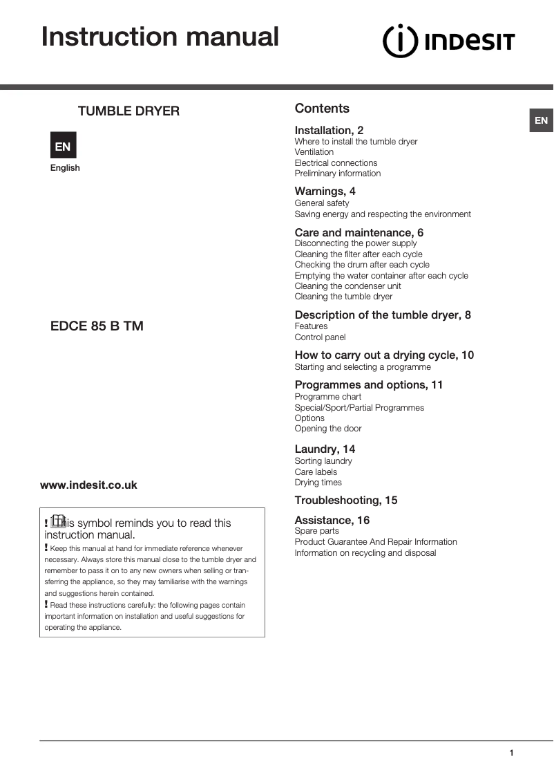 Página 1 del manual Manual de instrucciones Indesit EDCE 85 B TM (UK)