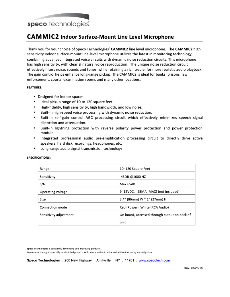 Page 1 de la notice Manuel utilisateur Speco Technologies CAMMIC2