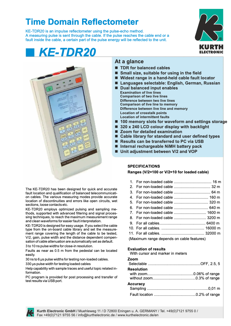 Page n°1 - Fiche technique Kurth Electronic KE-TDR20