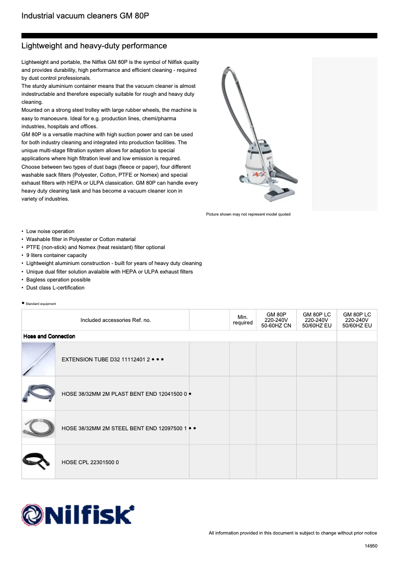 Page 1 de la notice Fiche technique Nilfisk GM80