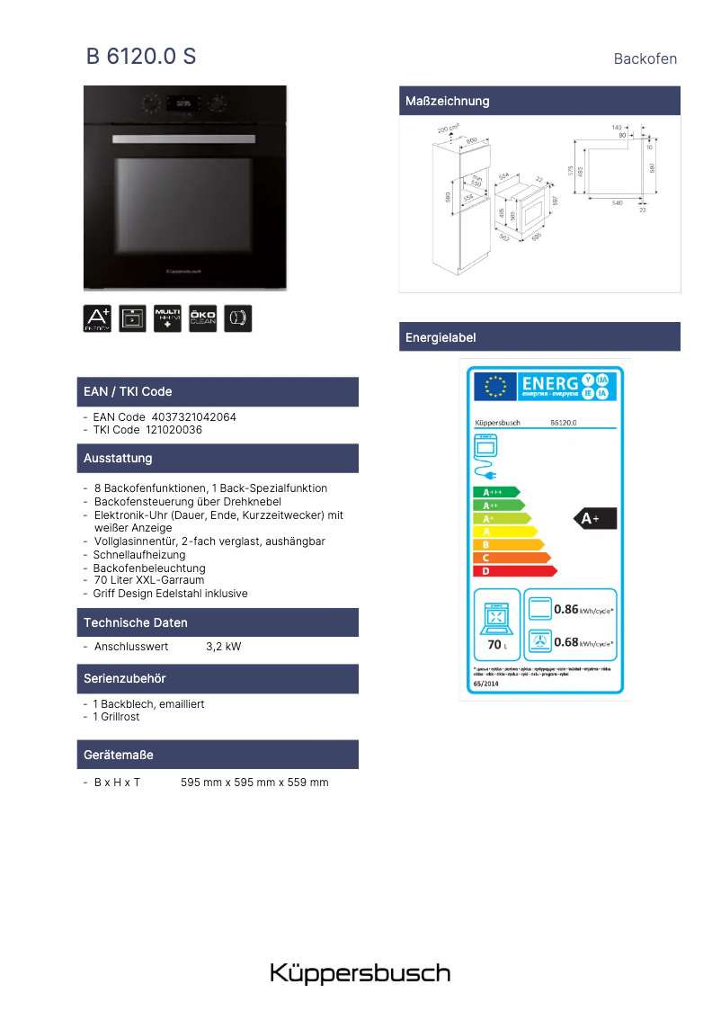 Page 1 de la notice Fiche technique Küppersbusch B6120.0S1
