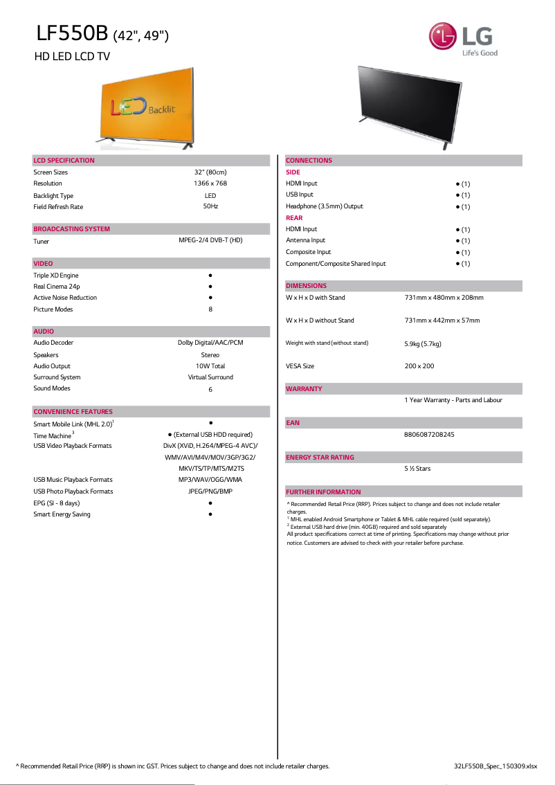 Página 1 del manual Ficha técnica LG 32LF550B