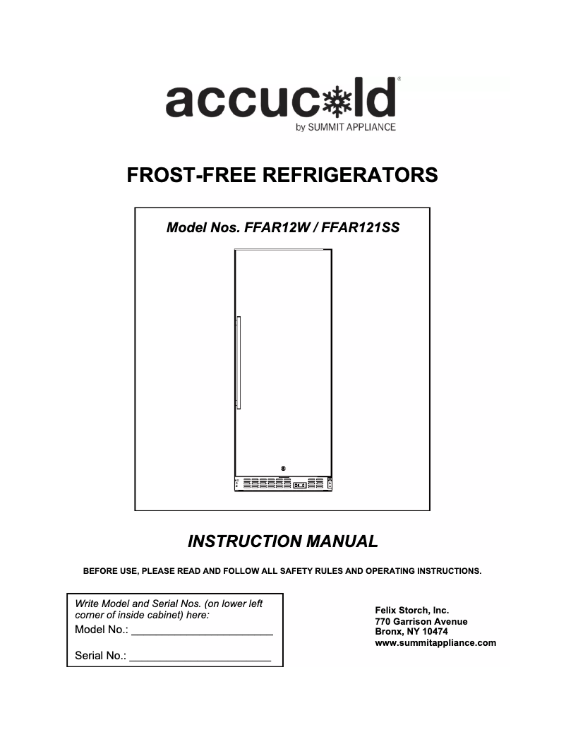 Image de la première page du manuel de l'appareil Accucold FFAR12W