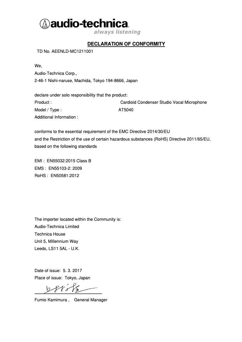 Page 1 de la notice Brochure Audio-Technica AT5040