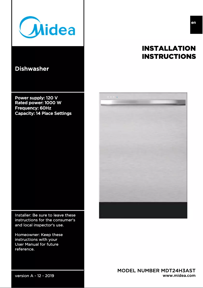 Page 1 de la notice Guide d'installation Midea MDT24H3ASTC