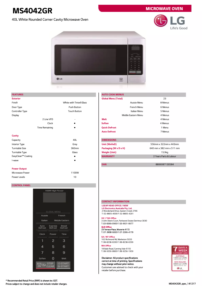Page 1 de la notice Fiche technique LG MS4042GR