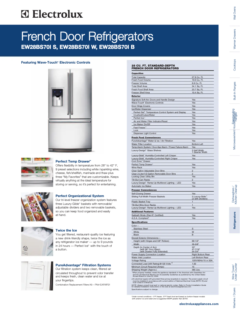 Page 1 de la notice Fiche technique Electrolux EW28BS70IB