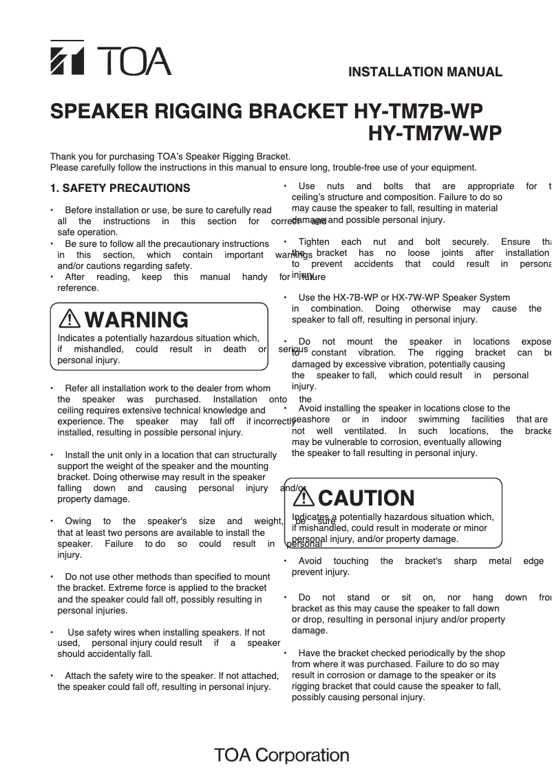 Page 1 de la notice Manuel utilisateur TOA HY-TM7B-WP