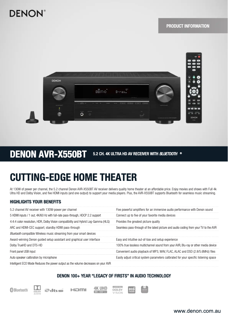 Page 1 de la notice Fiche technique Denon AVR-X550BT