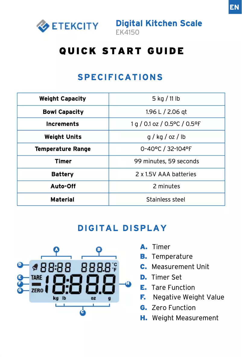 Page 1 de la notice Manuel utilisateur Etekcity EK4150