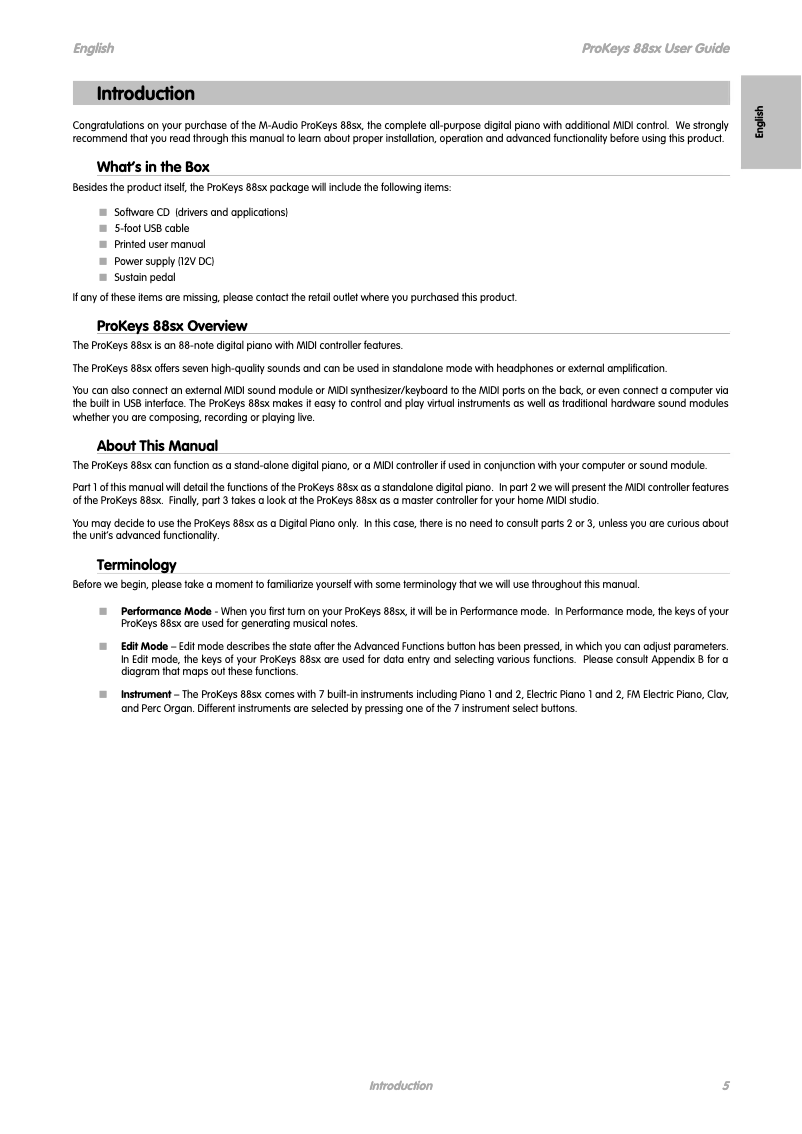 Page 1 de la notice Manuel utilisateur M-Audio ProKeys 88sx