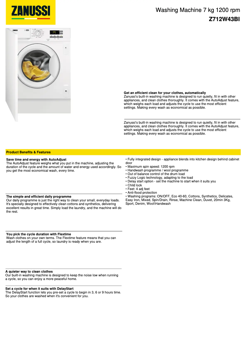 Page n°1 - Fiche technique Zanussi Z712W43BI