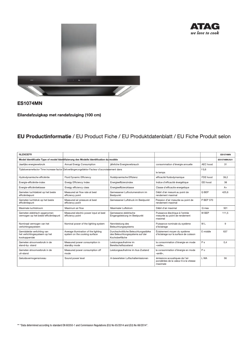Page n°1 - Fiche technique Atag ES1074MN