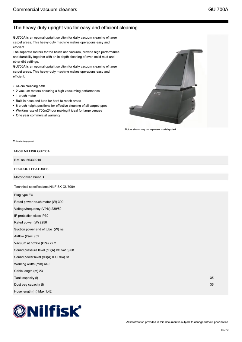 Page 1 de la notice Fiche technique Nilfisk GU700