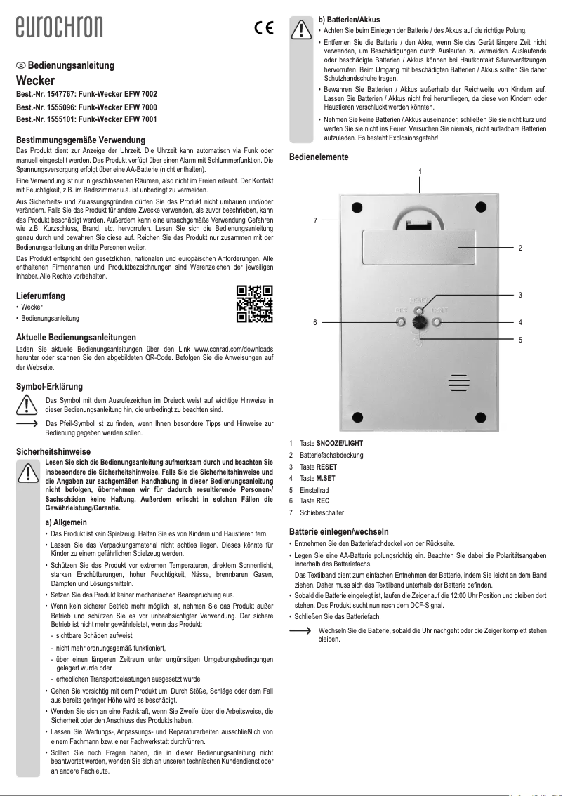 Page n°1 - Manuel utilisateur Eurochron EFW 7001