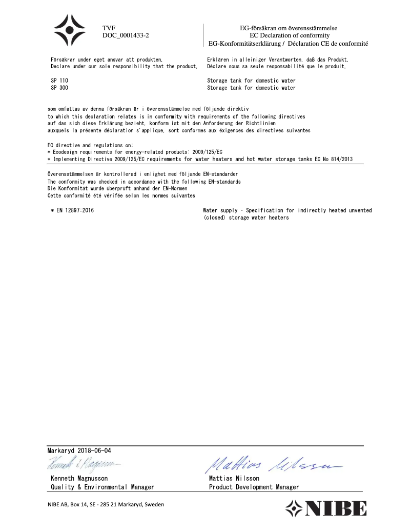 Page 1 de la notice Manuel utilisateur Nibe SP 300