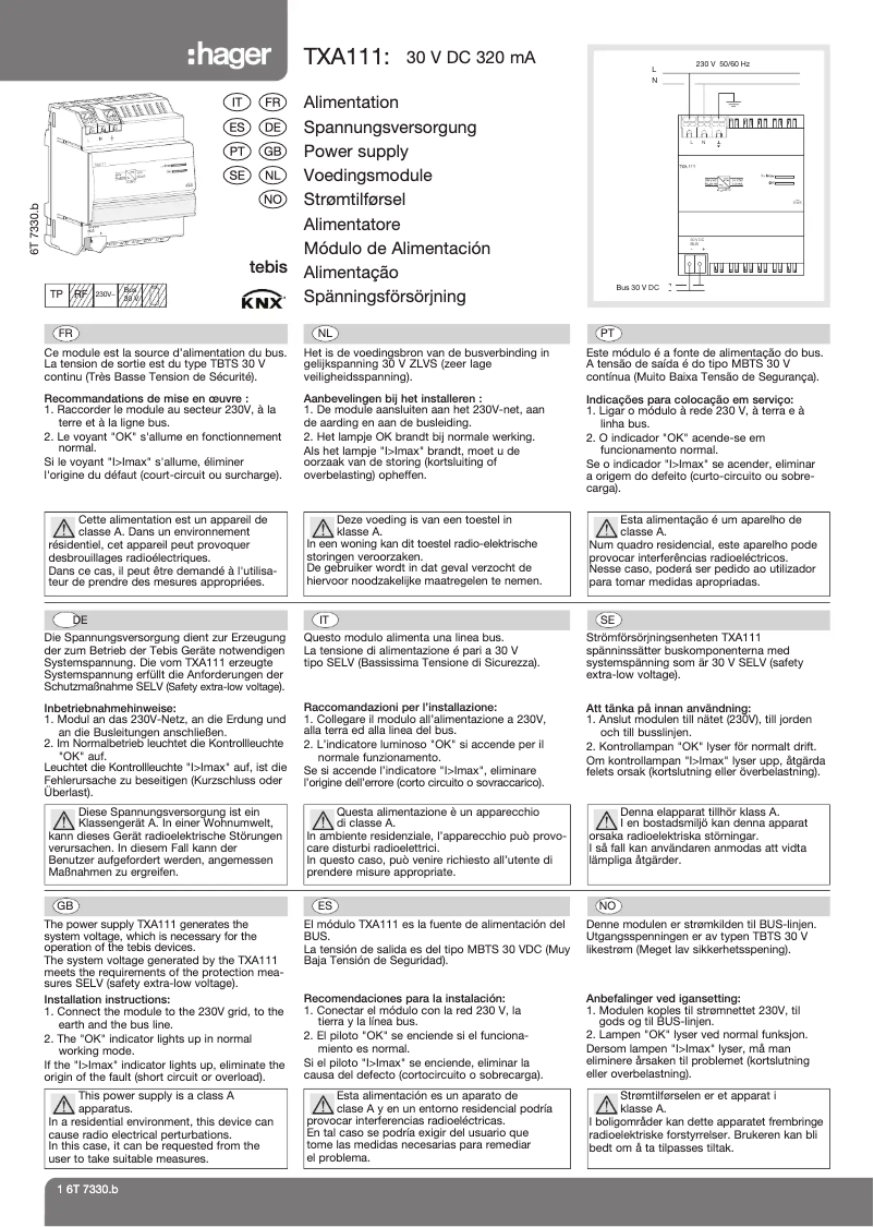 Page 1 de la notice Manuel utilisateur Hager TXA111