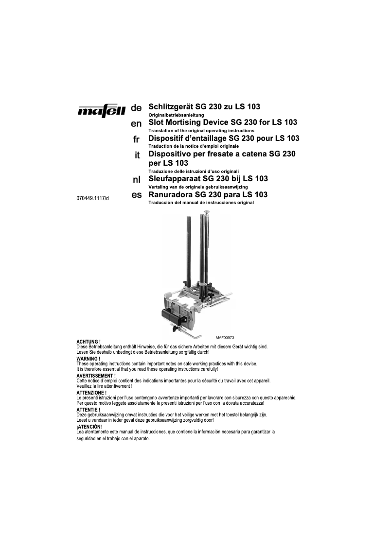 Page 1 de la notice Manuel utilisateur Mafell SG 230