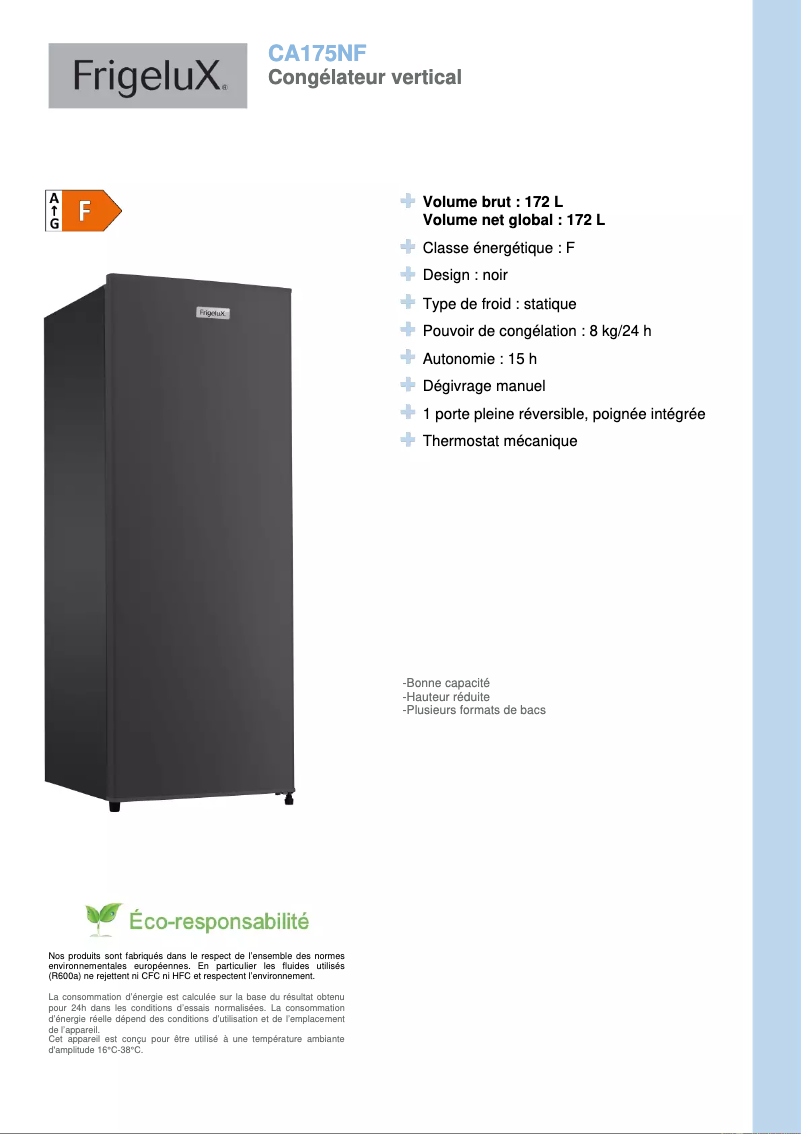 Page n°1 - Fiche technique FrigeluX CA175NF