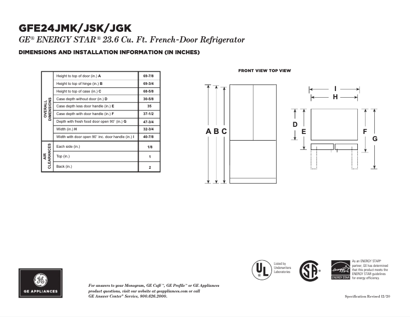 Page 1 de la notice Fiche technique GE GFE24JBLTS