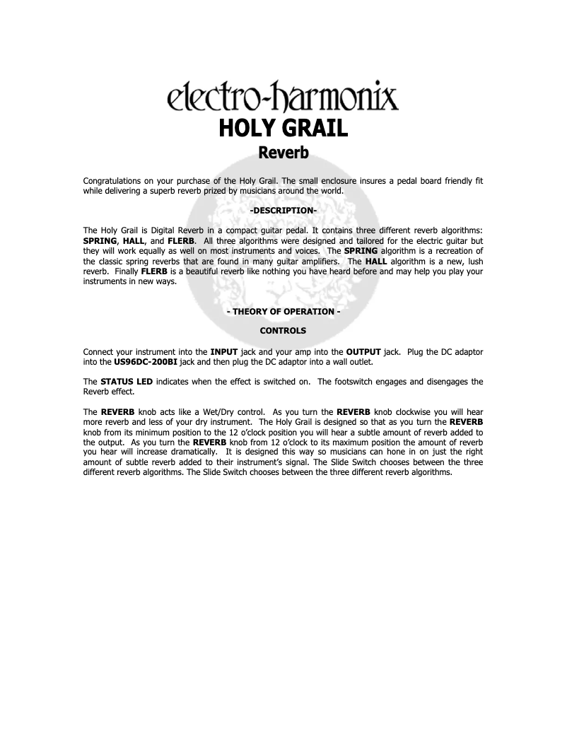 Page 1 de la notice Manuel utilisateur Electro Harmonix Holy Grail