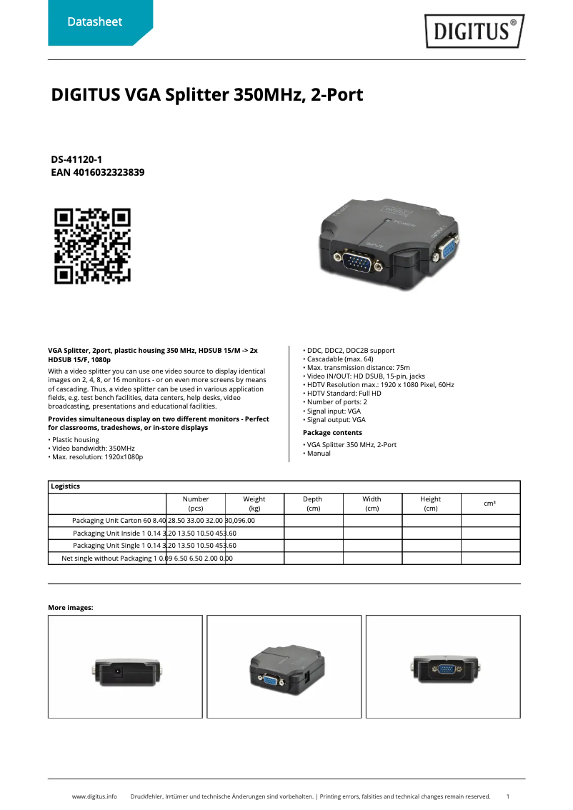 Page 1 de la notice Fiche technique Digitus DS-41120-1