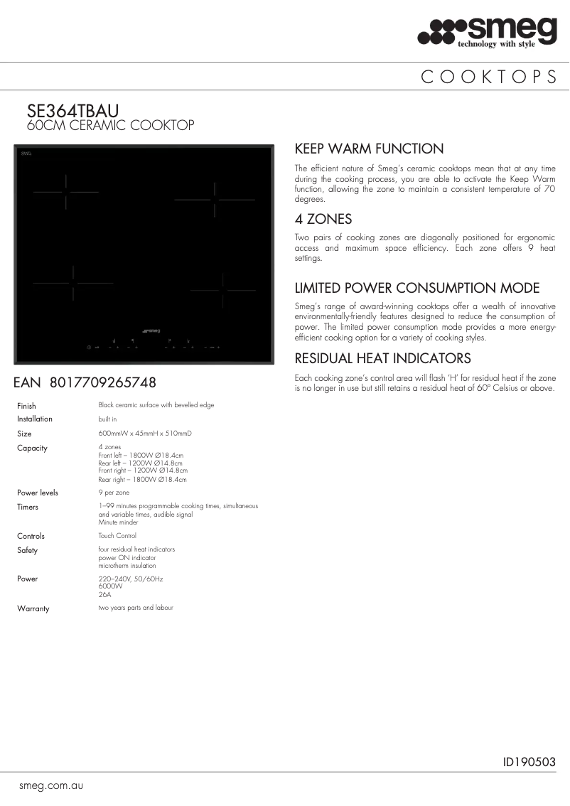 Page 1 de la notice Fiche technique Smeg SE364TBAU