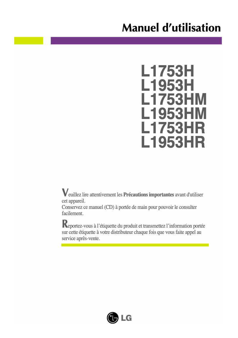 Page 1 de la notice Manuel utilisateur LG L1753HM