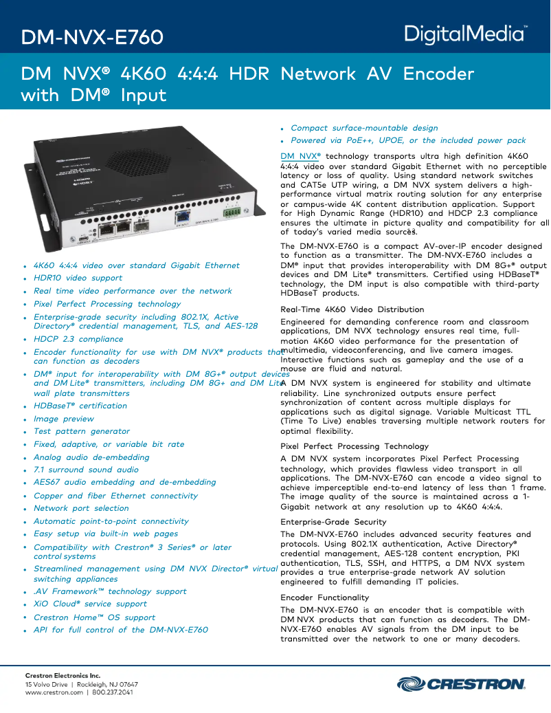 Page 1 de la notice Fiche technique Crestron DM-NVX-E760