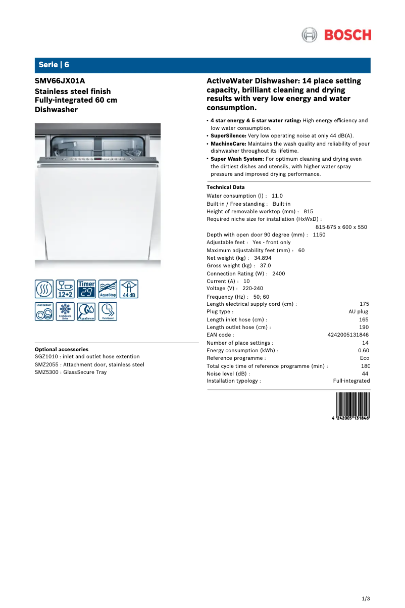 Page n°1 - Fiche technique Bosch SMV66JX01A
