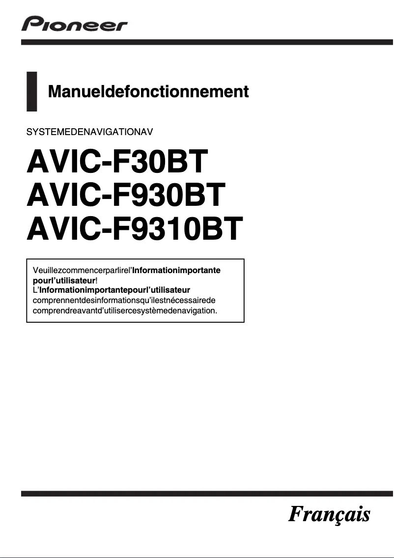 Page 1 de la notice Manuel utilisateur Pioneer AVIC-F9310BT