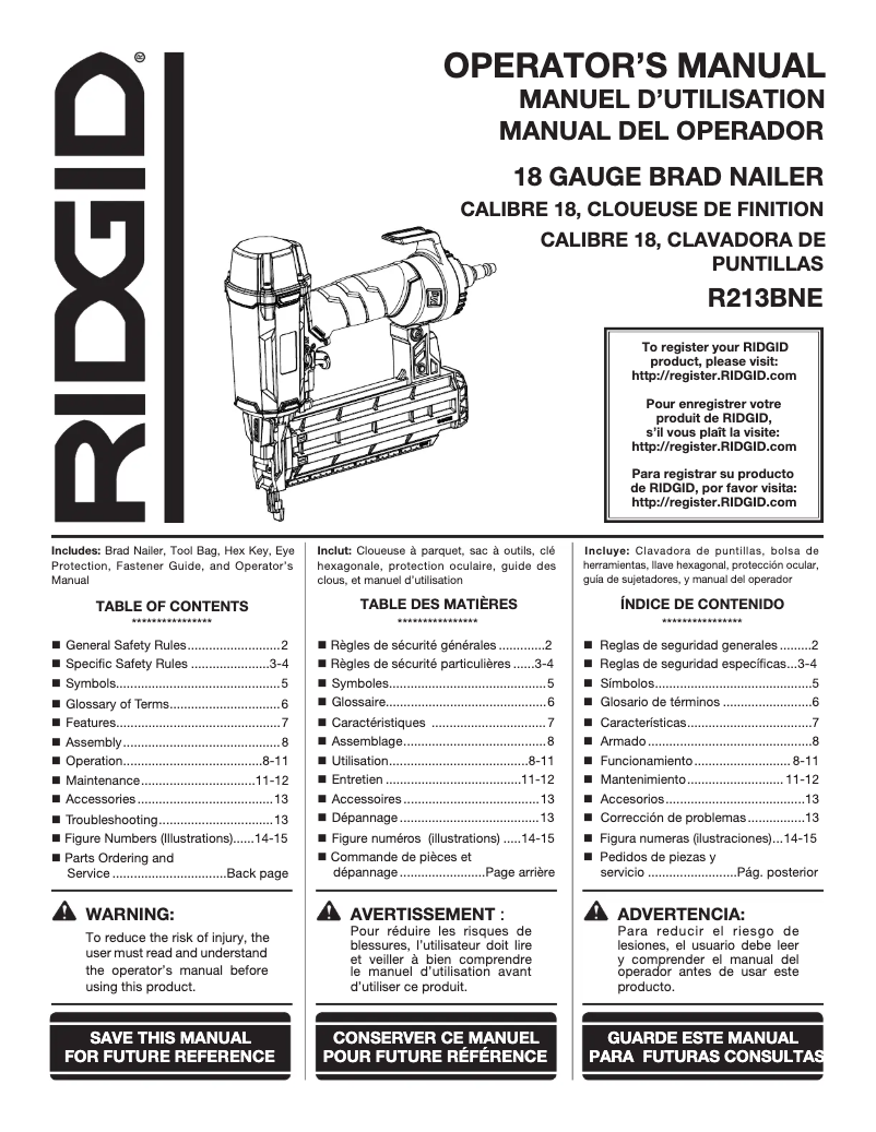 Page 1 de la notice Manuel utilisateur Ridgid R213BNF