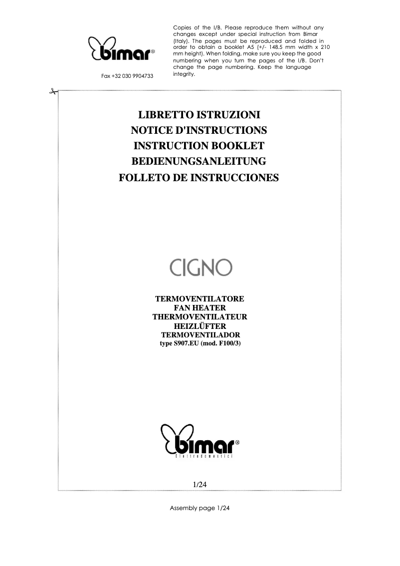 Page 1 de la notice Manuel utilisateur Bimar S907.EU
