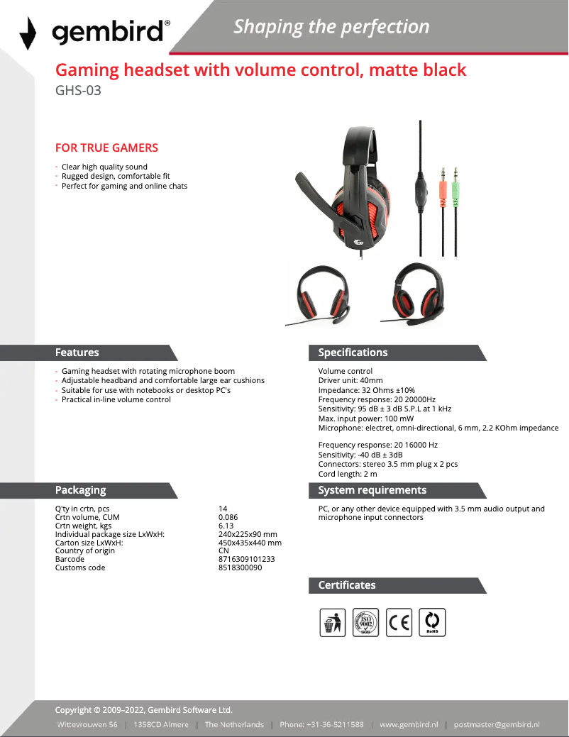 Page 1 de la notice Manuel utilisateur Gembird GHS-03