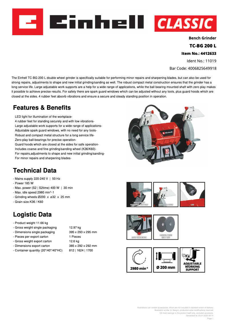 Page 1 de la notice Fiche technique Einhell TC-BG 200 L