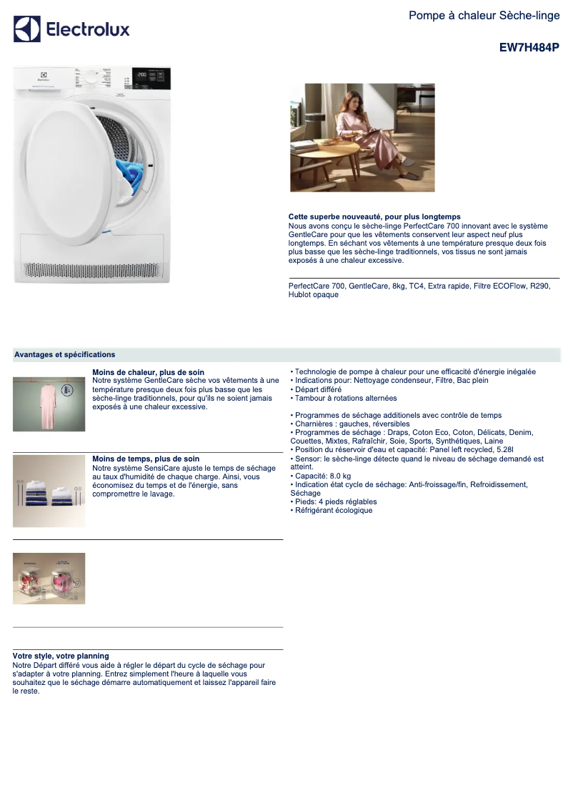Page 1 de la notice Fiche technique Electrolux EW7H484P