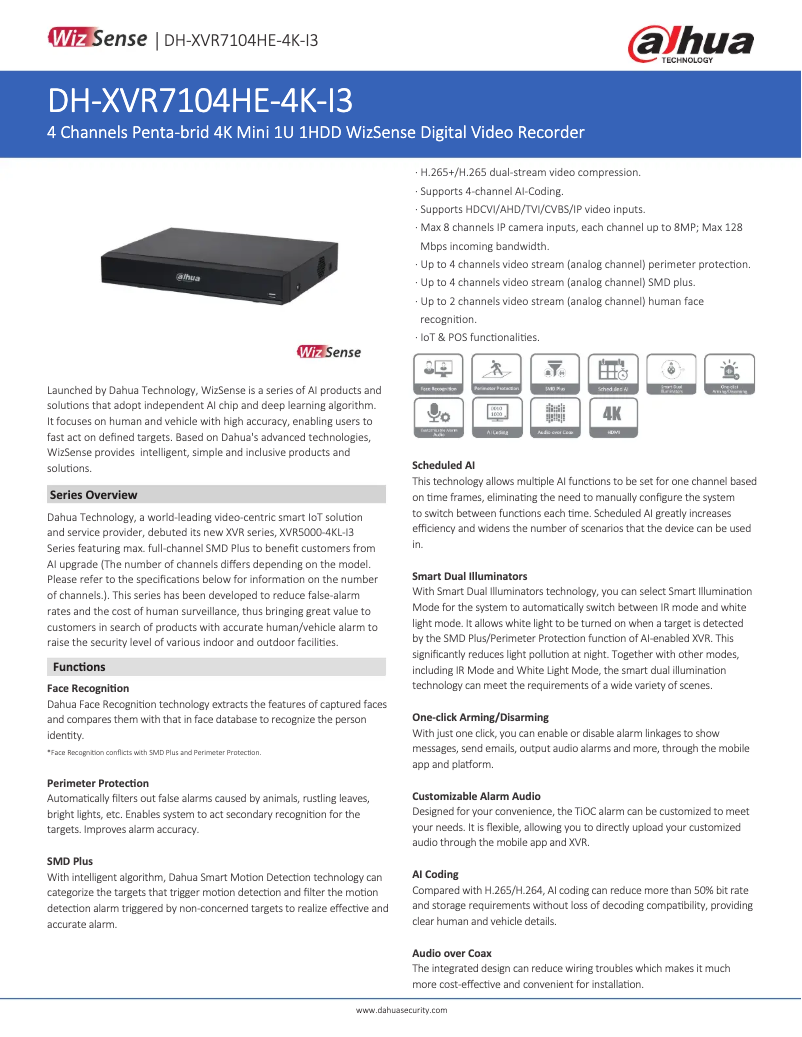Page 1 de la notice Fiche technique Dahua Technology XVR7104HE-4K-I3