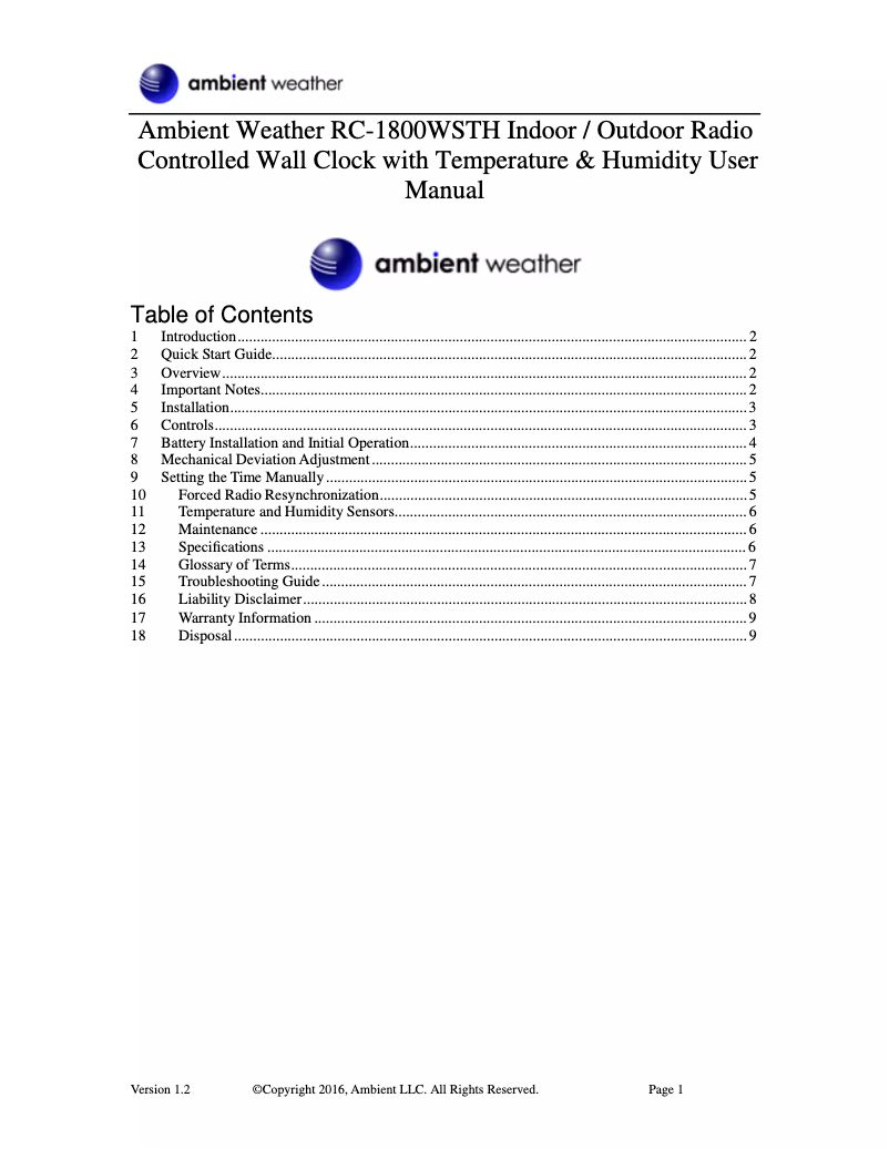 Image de la première page du manuel de l'appareil RC-1800WSTH