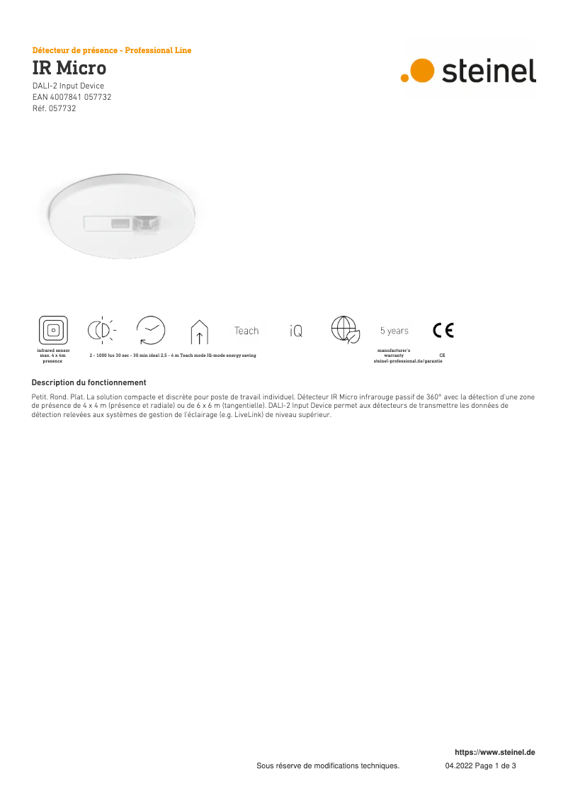 Page 1 de la notice Fiche technique Steinel IR Micro DALI