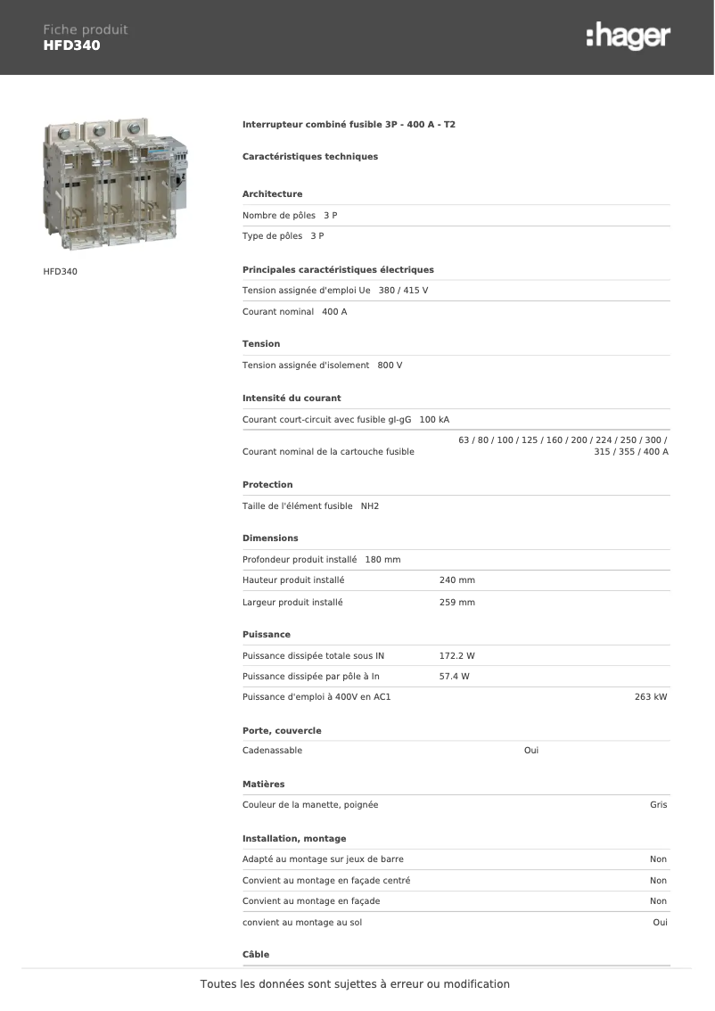 Page n°1 - Fiche technique Hager HFD340