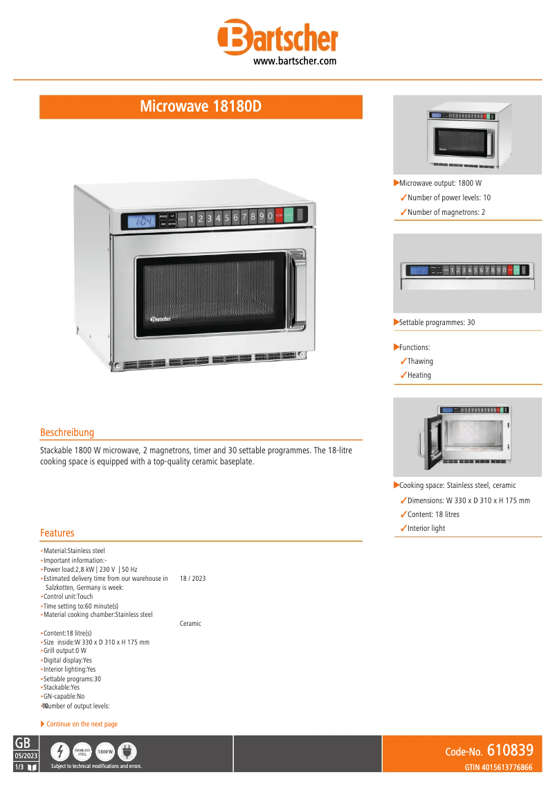 Page 1 de la notice Fiche technique Bartscher 18180D