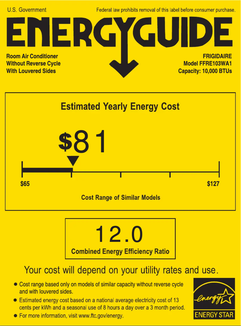 Page 1 de la notice Label énergétique Frigidaire FFRE103WA1
