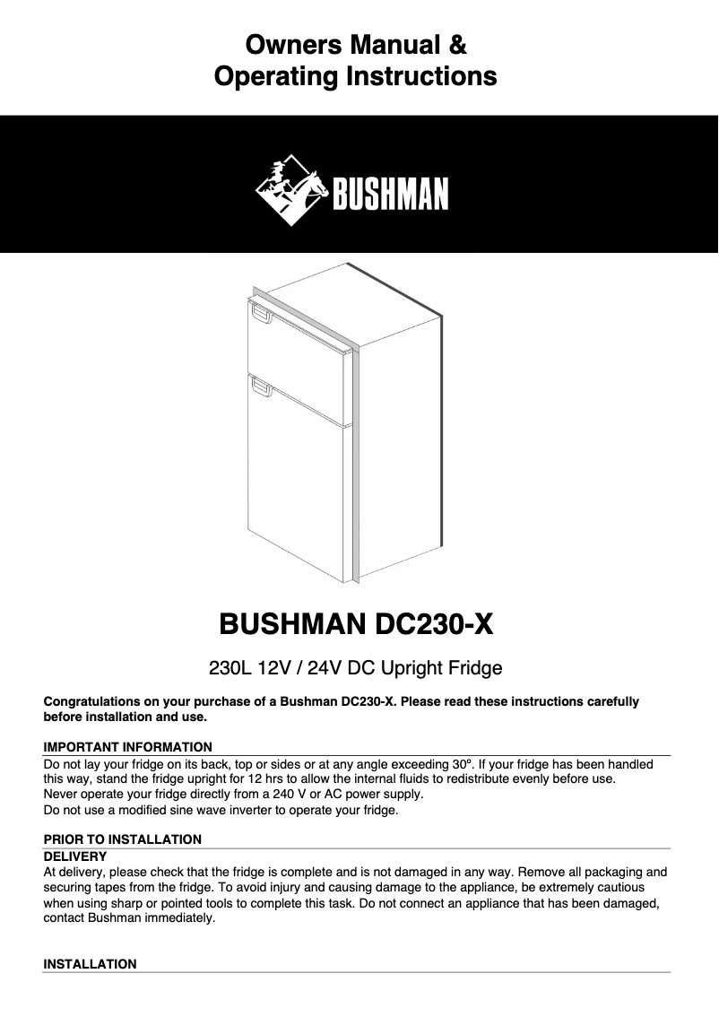 Page 1 de la notice Manuel utilisateur Bushman DC230-X
